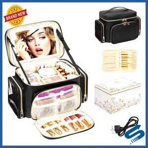 Large Travel Makeup Bag Organizer with LED Mirror and Brush Compartment